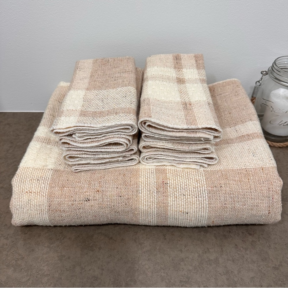 Plaid Woven Grid Tablecloth & 8 Matching Napkins Beige White Plaid Weave 97 X 56